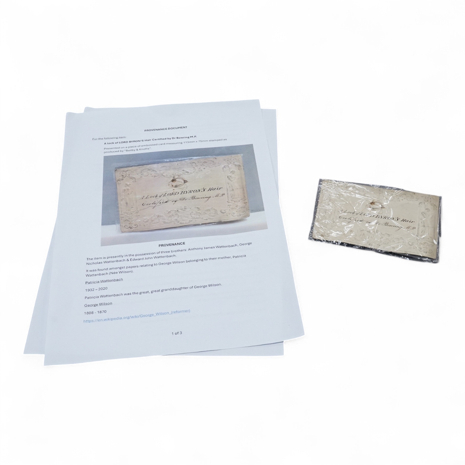 A lock of Lord Byron's hair mounted on an early 19th century embossed card decorated with classical figures, 11.3 x 7.5cm, stamped ‘Beilby & Knotts’, with a contemporary handwritten description stating; ‘A Lock of Lord B